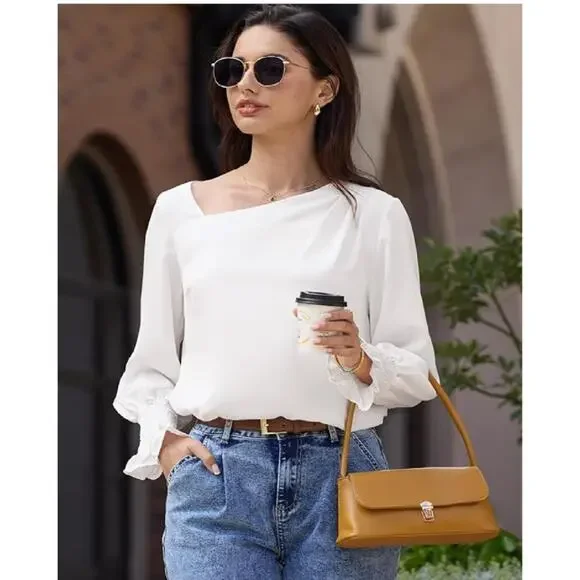 EVALESS Blouses for Women Dressy Casual Pleated Long Sleeve Tops Asymmetrical (S - Picture 1 of 5
